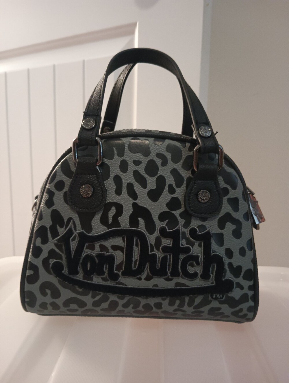 Von Dutch Black and Gray Leopard Dome Satchel with Embroidered Logo